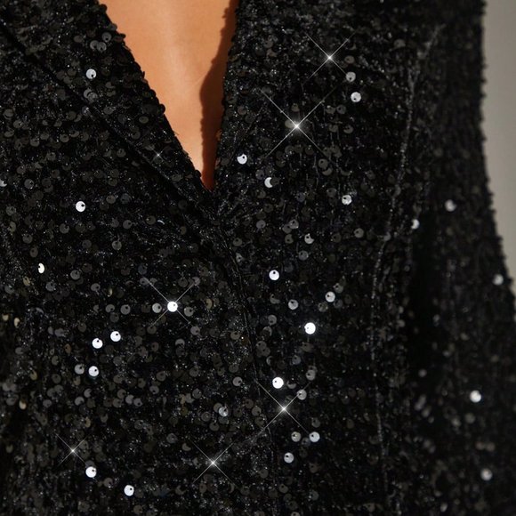 Lapel Neck Sequin Blazer Dress Black - Picture 4 of 6